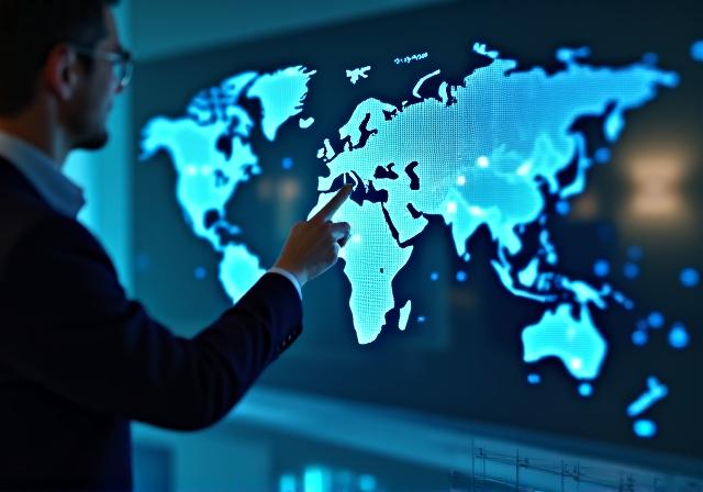 Business strategist looking at a digital map of global markets