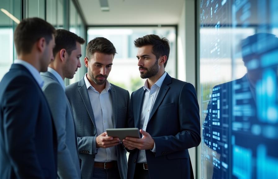 A diverse team collaborating in a modern high-tech workspace with screens